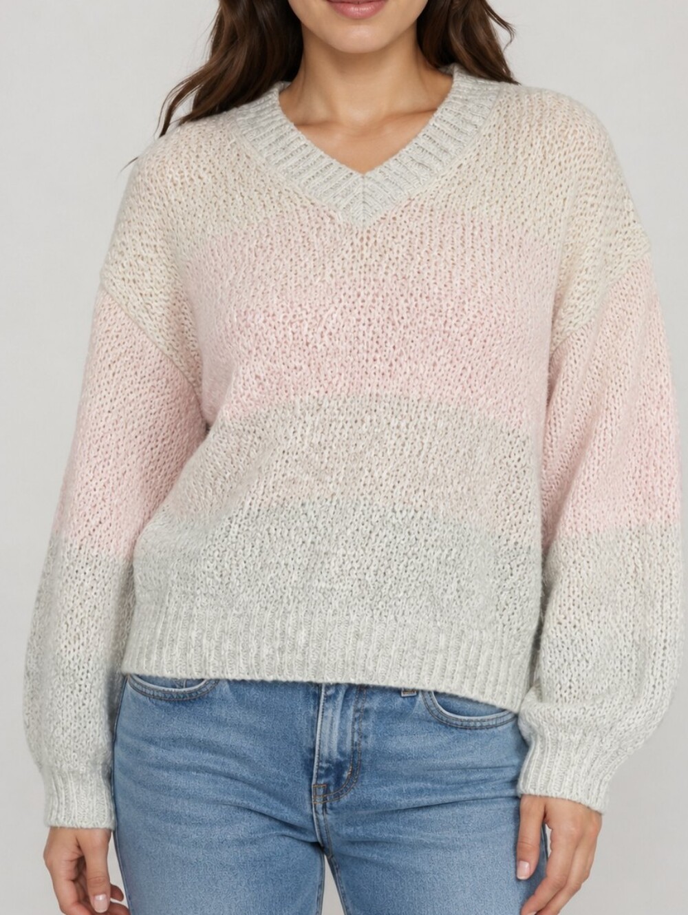 One Grey Day V Neck Cashmere Blend Ombre Knit Sweater